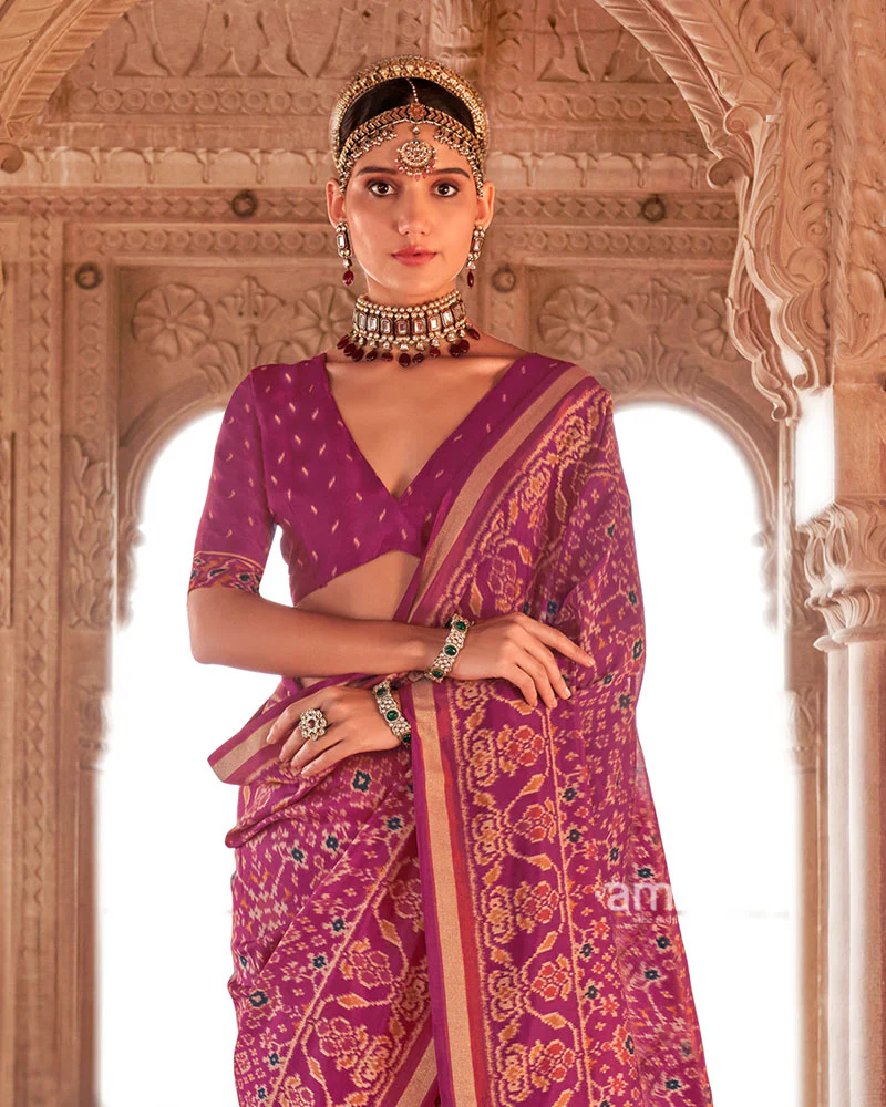 Rani Pink Patola Printed Saree with Golden Zari Border and Unstitched Blouse - Image 2