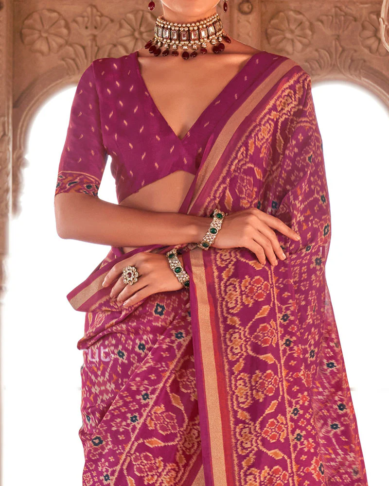 Rani Pink Patola Printed Saree with Golden Zari Border and Unstitched Blouse - Image 3