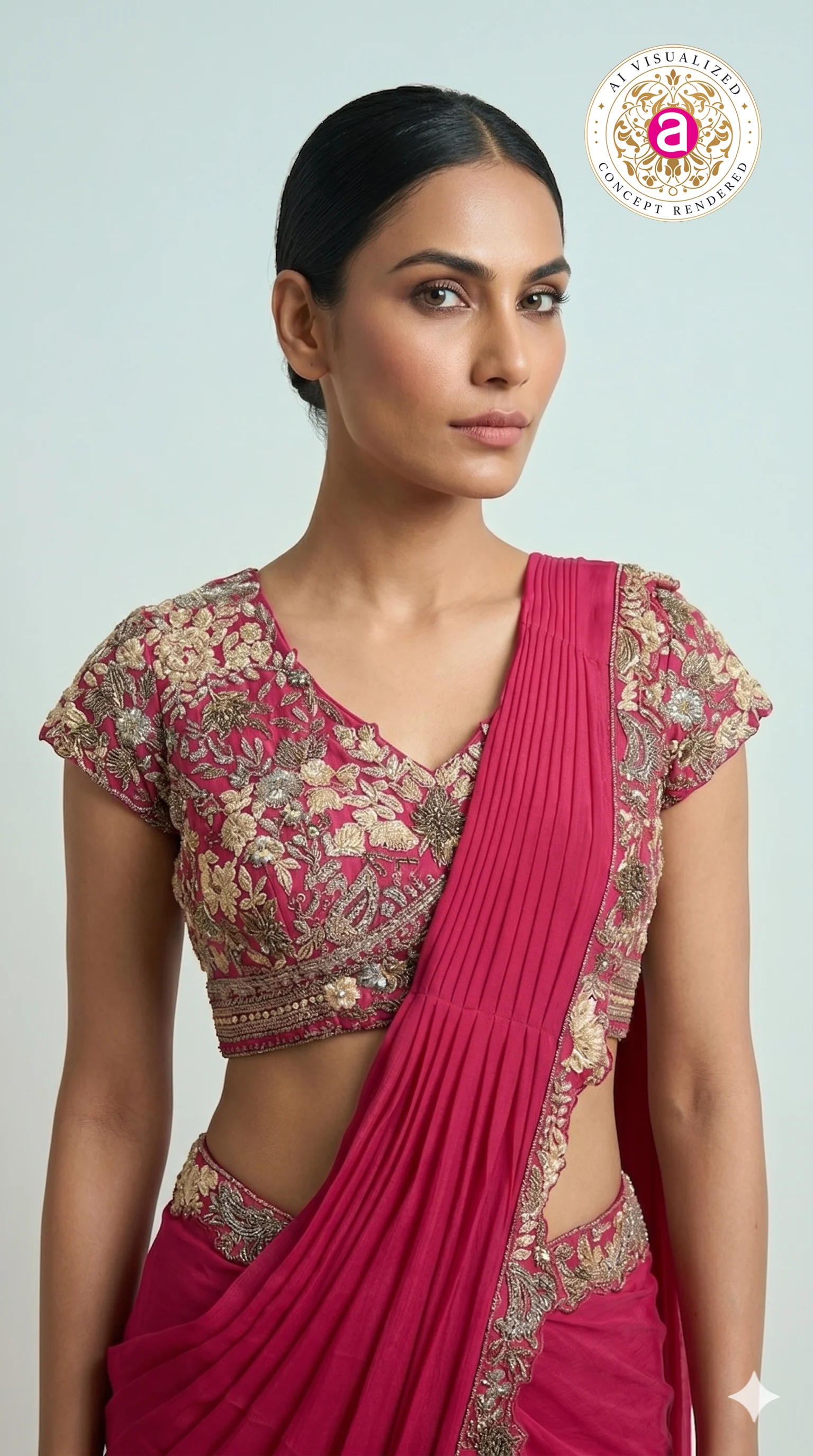 Rani Pink Ready-to-Wear Saree with Heavy Embroidered Blouse & Zari Border - Image 2
