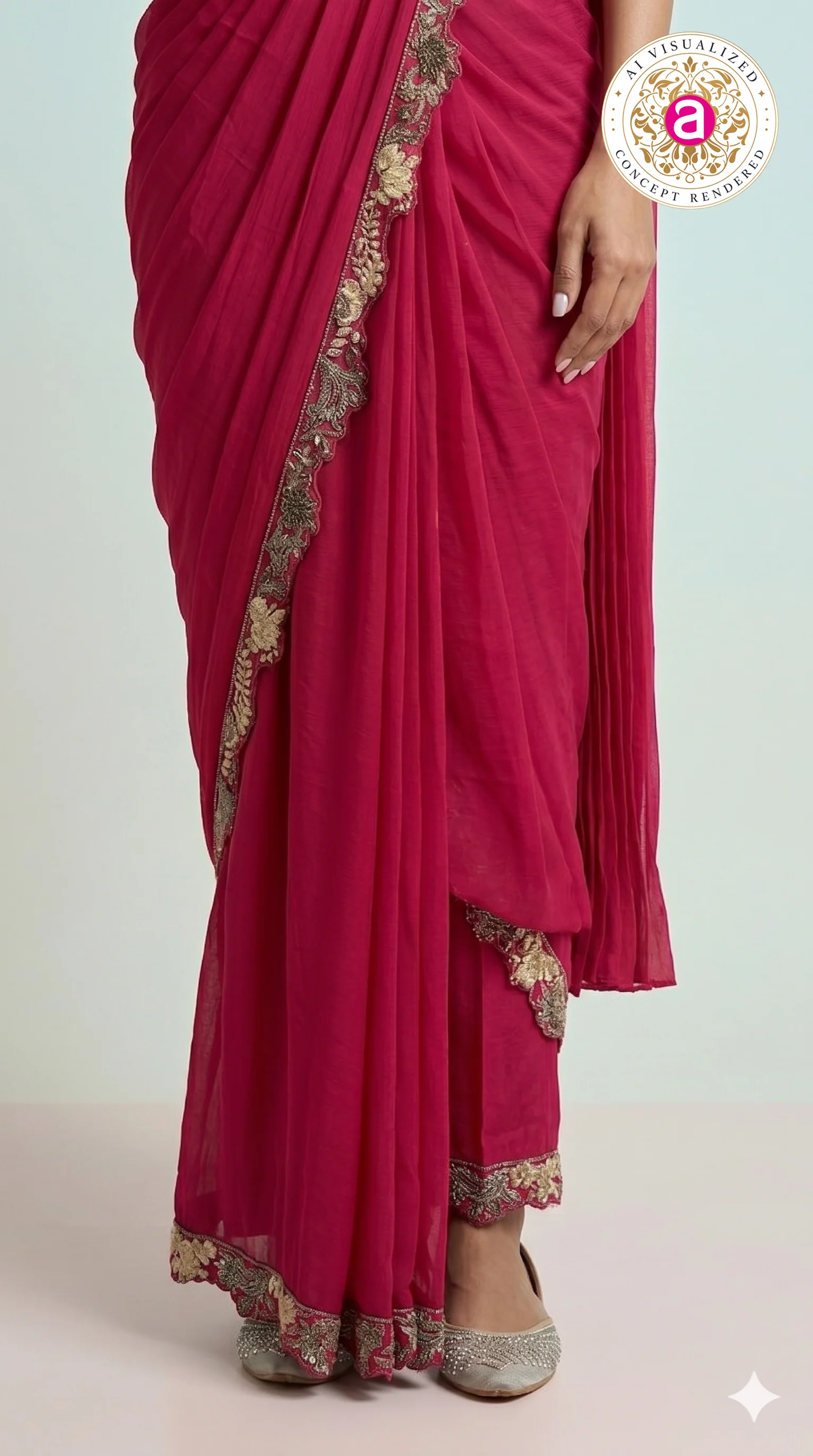 Rani Pink Ready-to-Wear Saree with Heavy Embroidered Blouse & Zari Border - Image 3