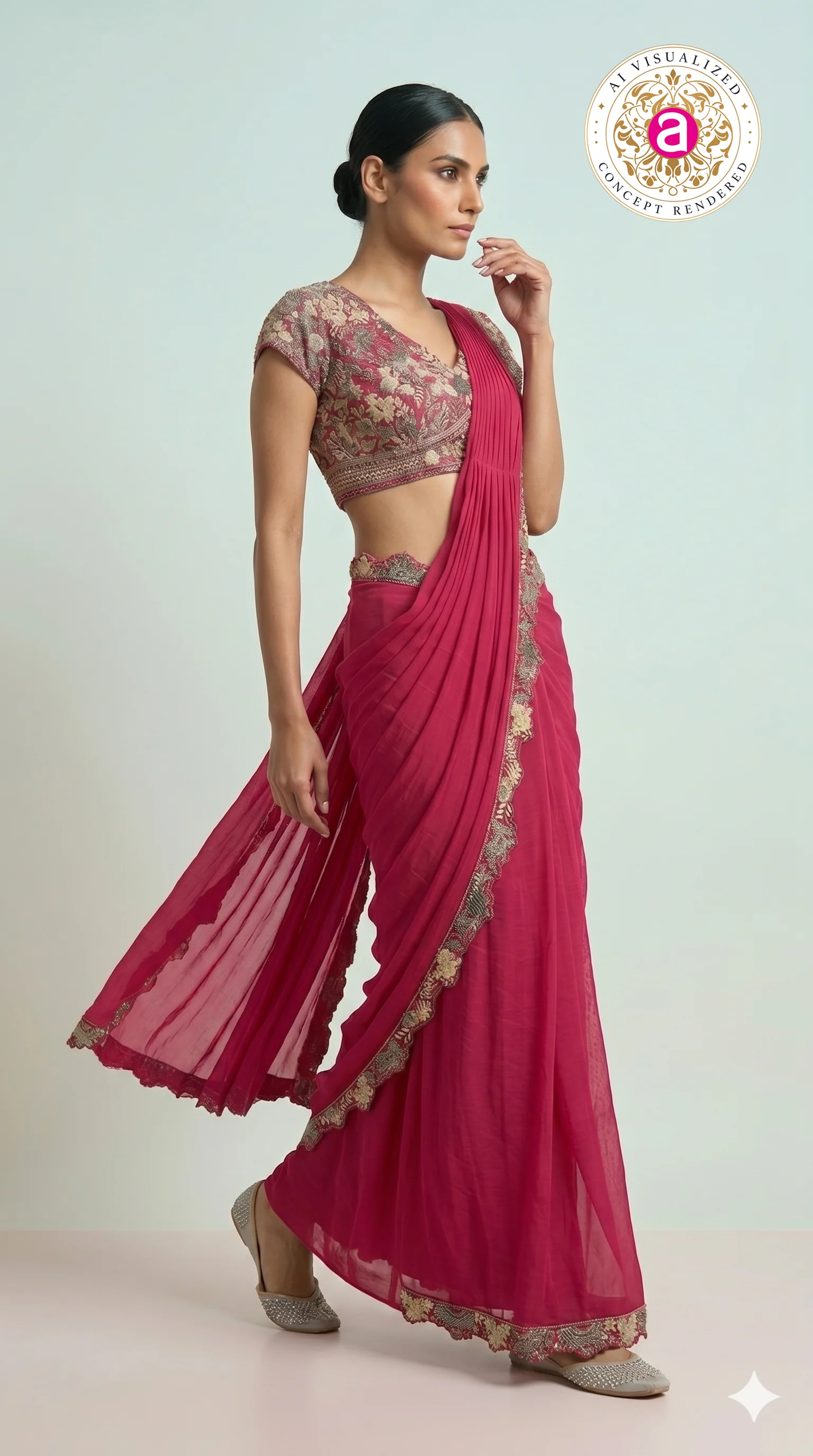 Rani Pink Ready-to-Wear Saree with Heavy Embroidered Blouse & Zari Border - Image 4