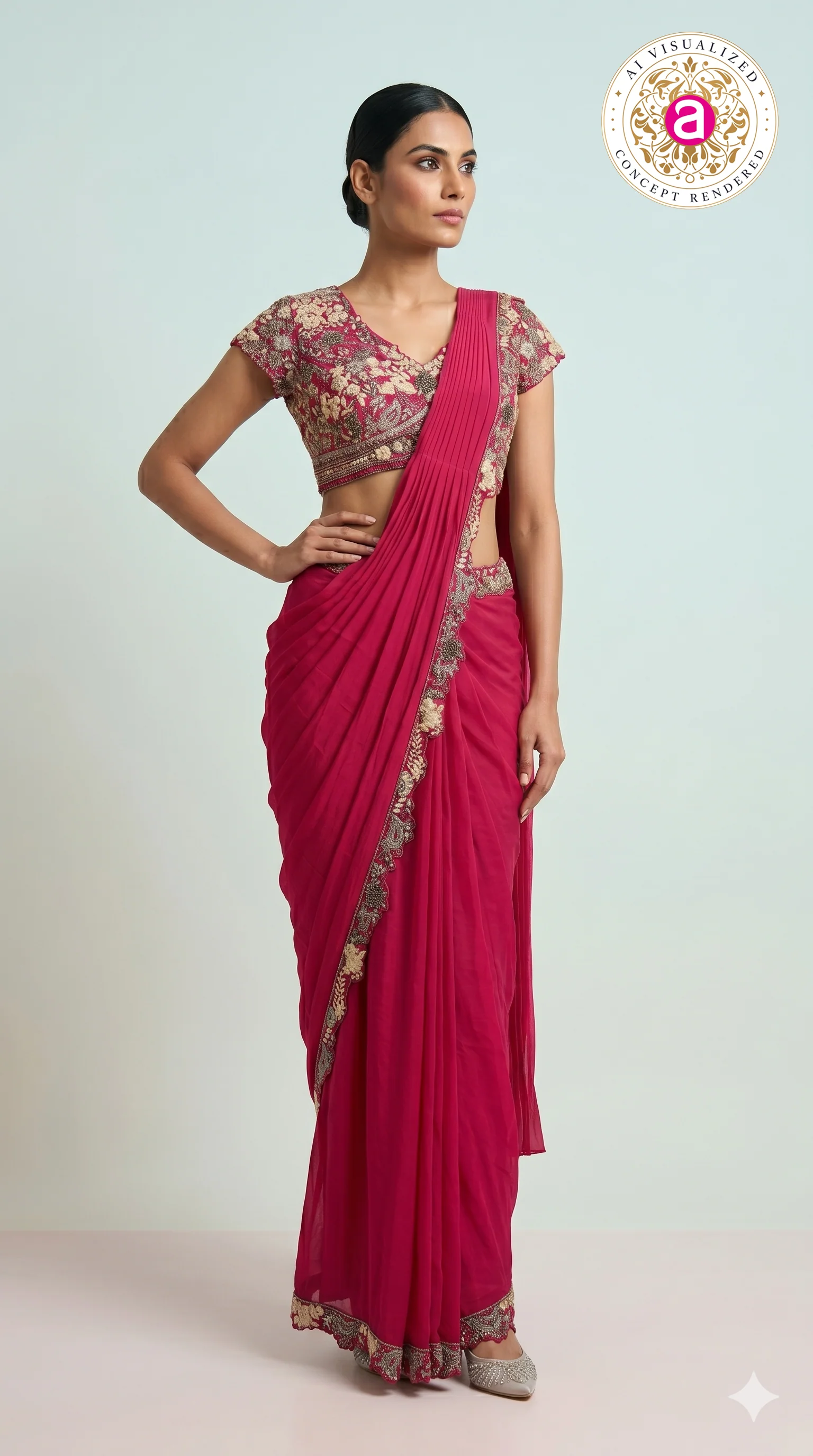 Rani Pink Ready-to-Wear Saree with Heavy Embroidered Blouse & Zari Border - Image 5
