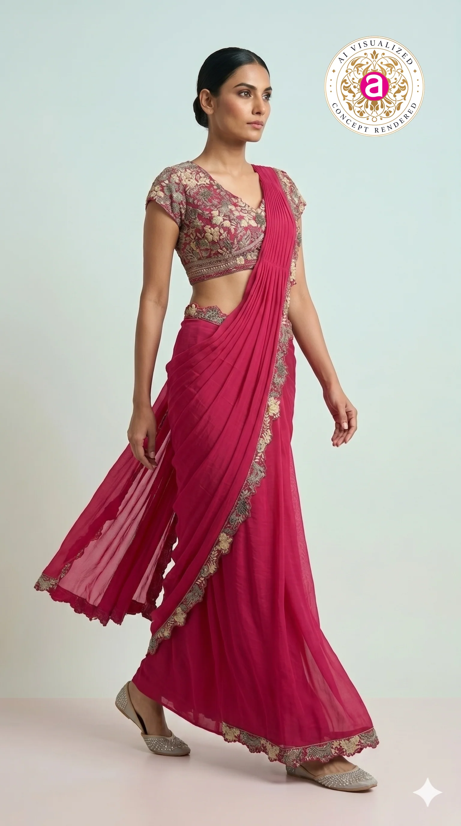 Rani Pink Ready-to-Wear Saree with Heavy Embroidered Blouse & Zari Border - Image 6