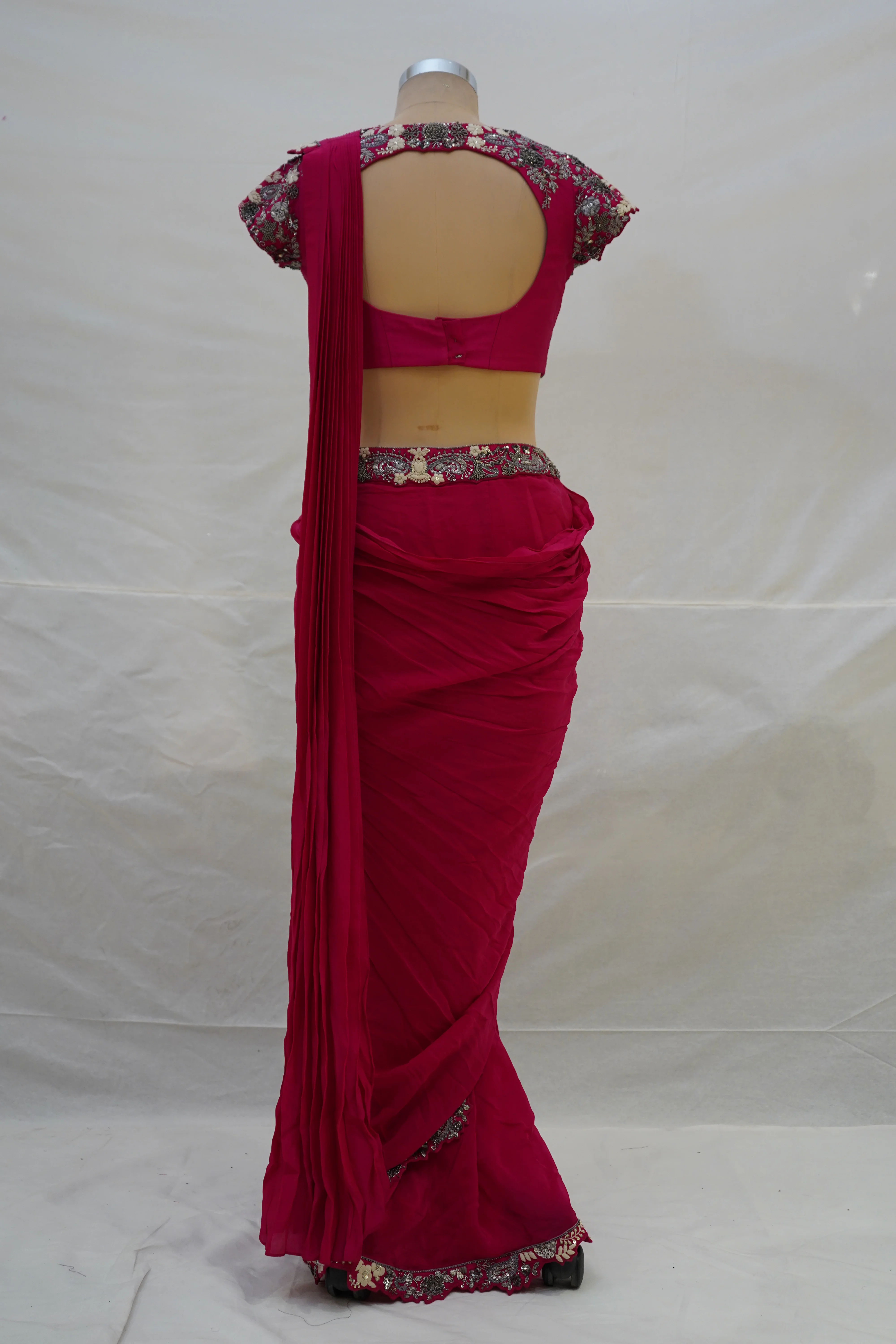 Rani Pink Ready-to-Wear Saree with Heavy Embroidered Blouse & Zari Border - Image 7