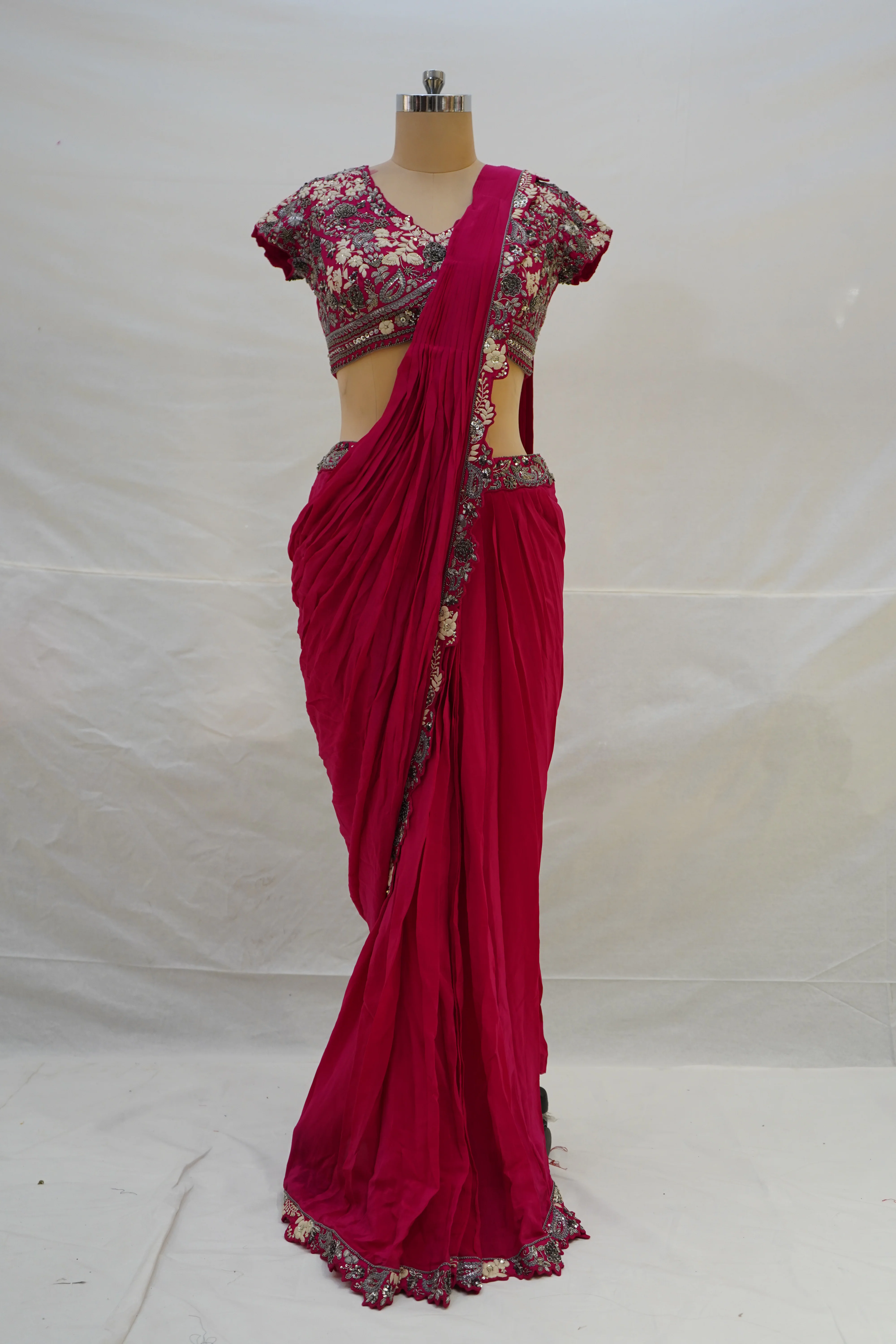 Rani Pink Ready-to-Wear Saree with Heavy Embroidered Blouse & Zari Border - Image 8