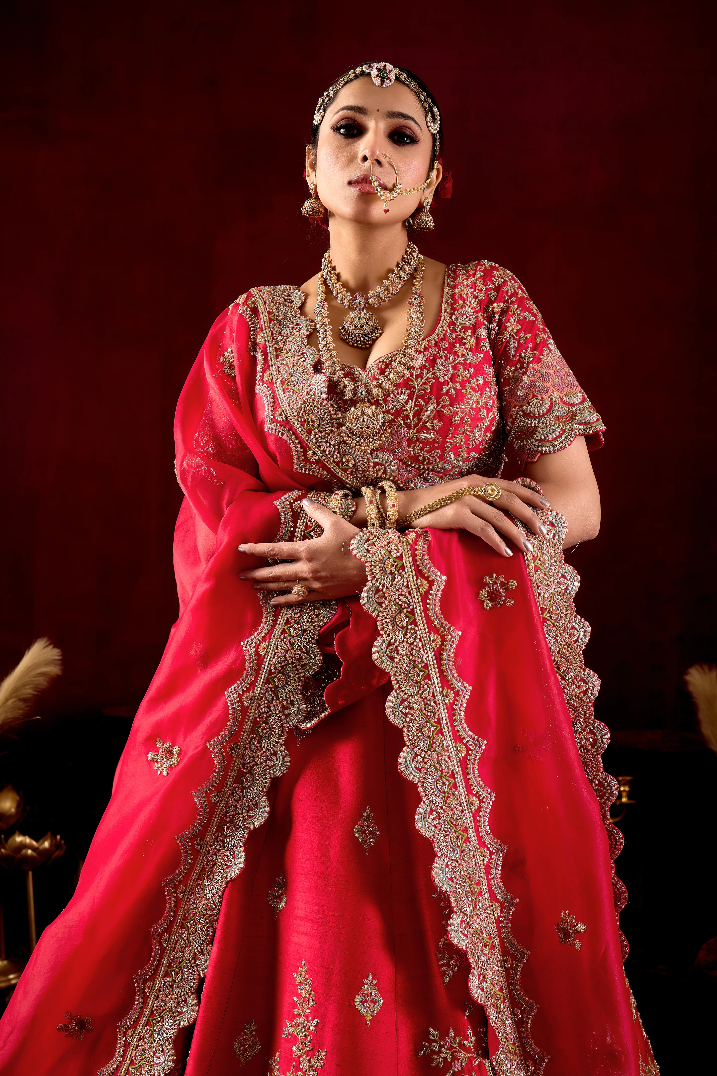 Rani Pink Wedding Lehenga Set with Heavy Embroidered Dupatta - Image 2