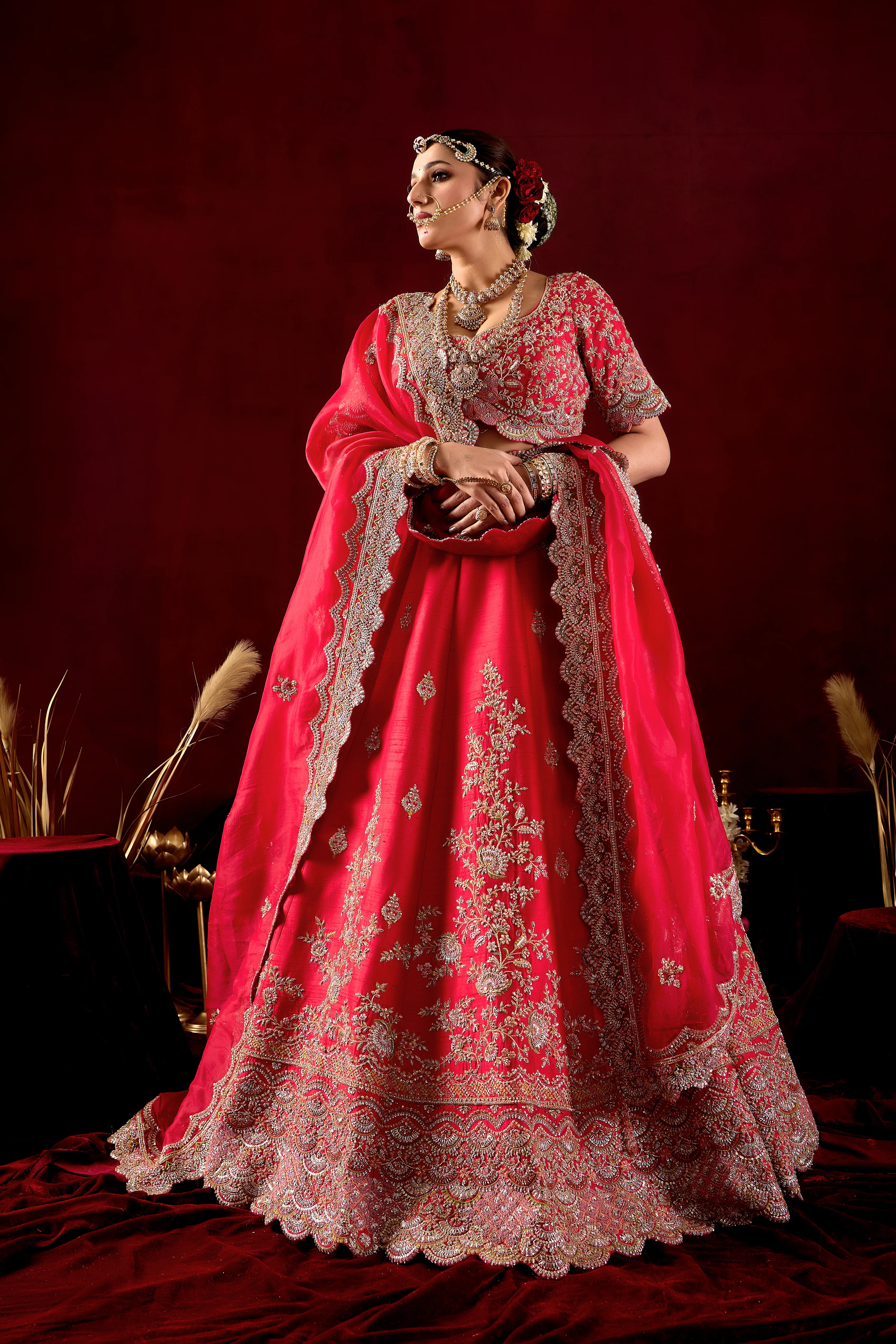 Rani Pink Wedding Lehenga Set with Heavy Embroidered Dupatta - Image 5
