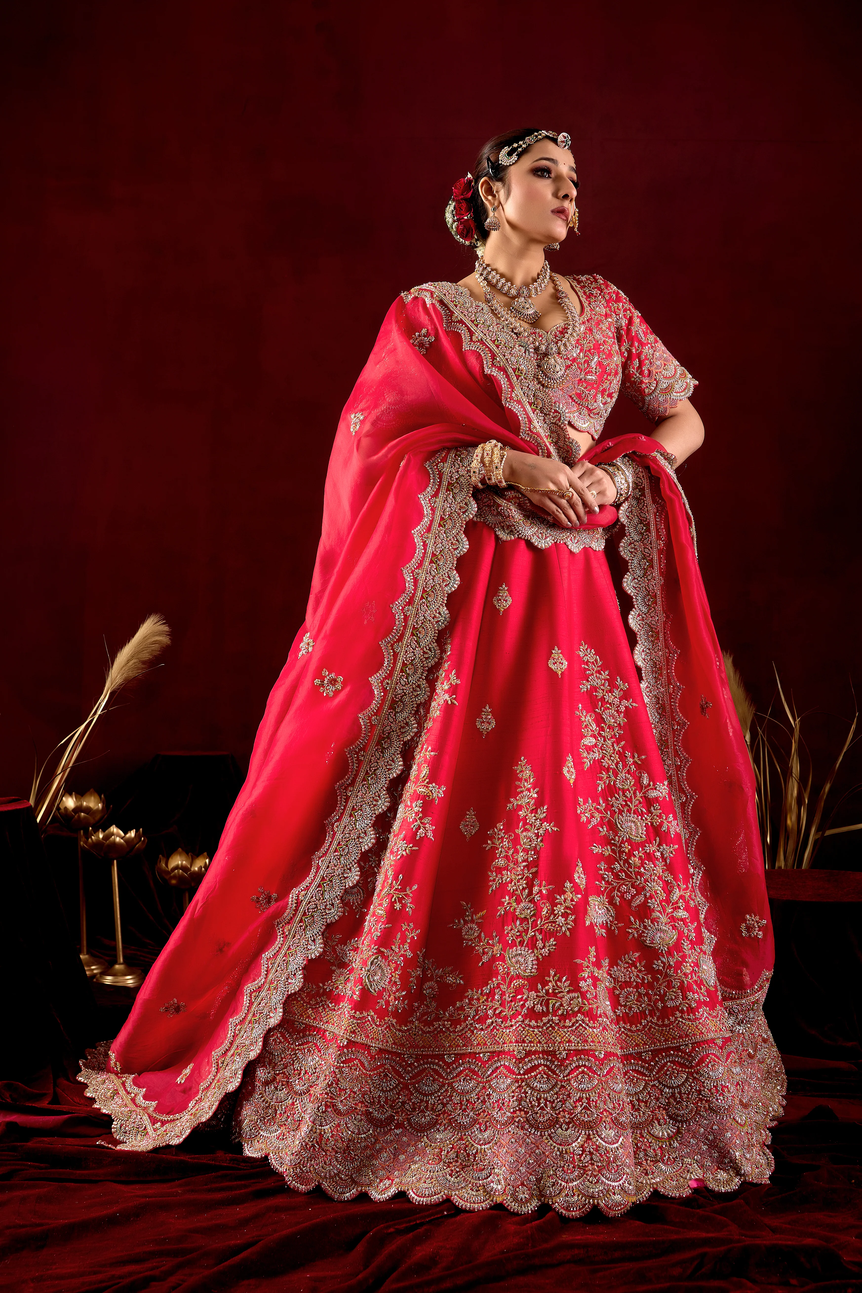 Rani Pink Wedding Lehenga Set with Heavy Embroidered Dupatta - Image 6
