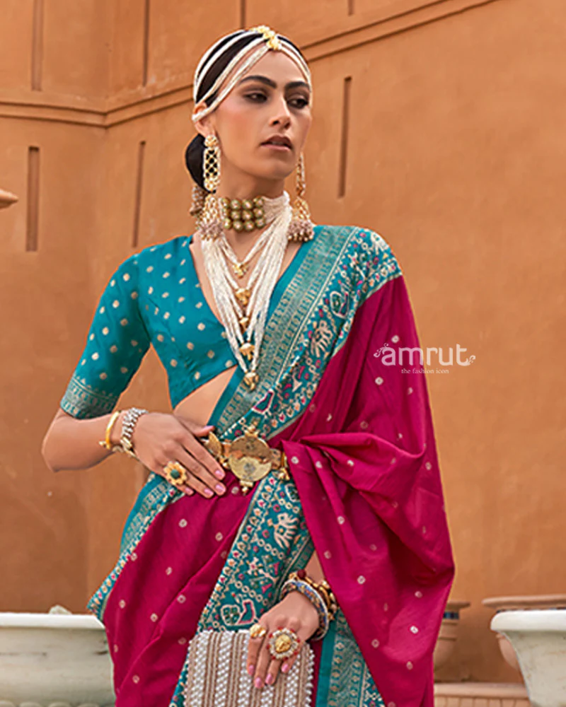 Rani Pink Zari Weaving Teal Green Border Saree in Patola Silk with Unstitched Blouse - Image 2