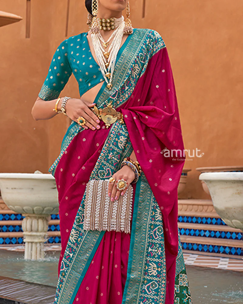 Rani Pink Zari Weaving Teal Green Border Saree in Patola Silk with Unstitched Blouse - Image 3