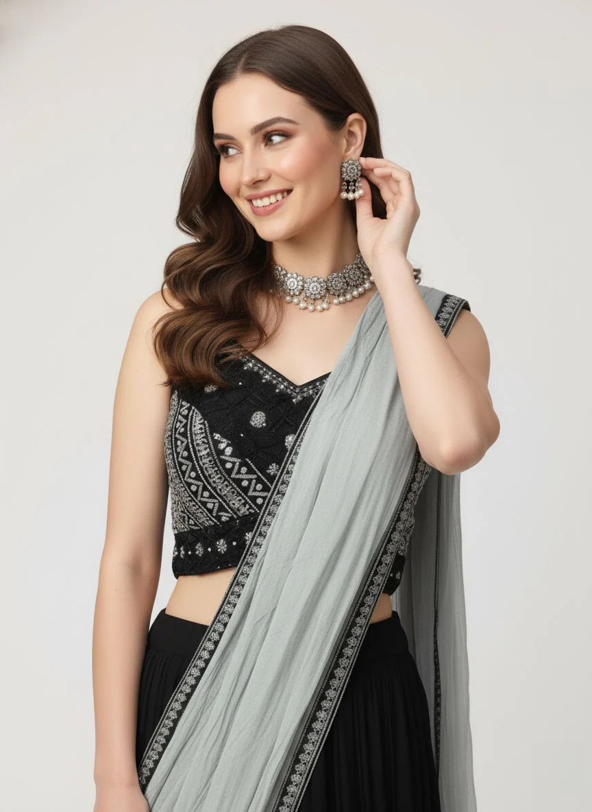 Ready to Wear Black Saree with Embellished Blouse & Contrast Grey Dupatta-Style Pallu - Image 2