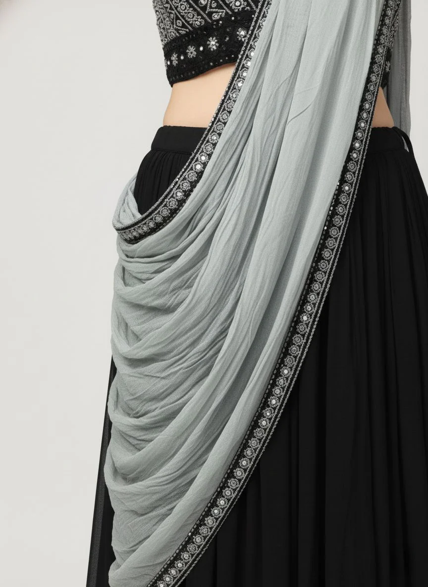 Ready to Wear Black Saree with Embellished Blouse & Contrast Grey Dupatta-Style Pallu - Image 3