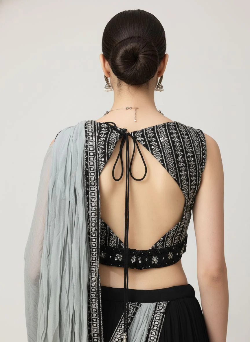 Ready to Wear Black Saree with Embellished Blouse & Contrast Grey Dupatta-Style Pallu - Image 4