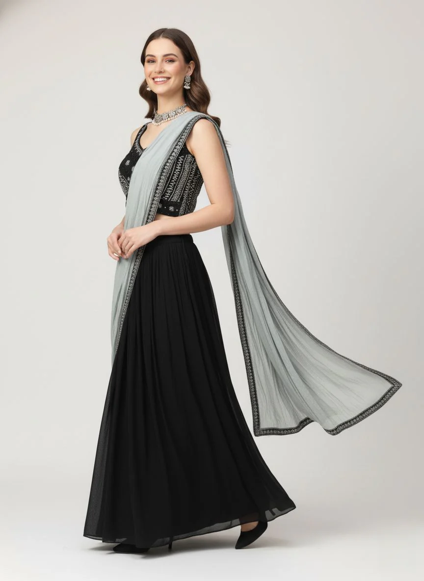 Ready to Wear Black Saree with Embellished Blouse & Contrast Grey Dupatta-Style Pallu - Image 5