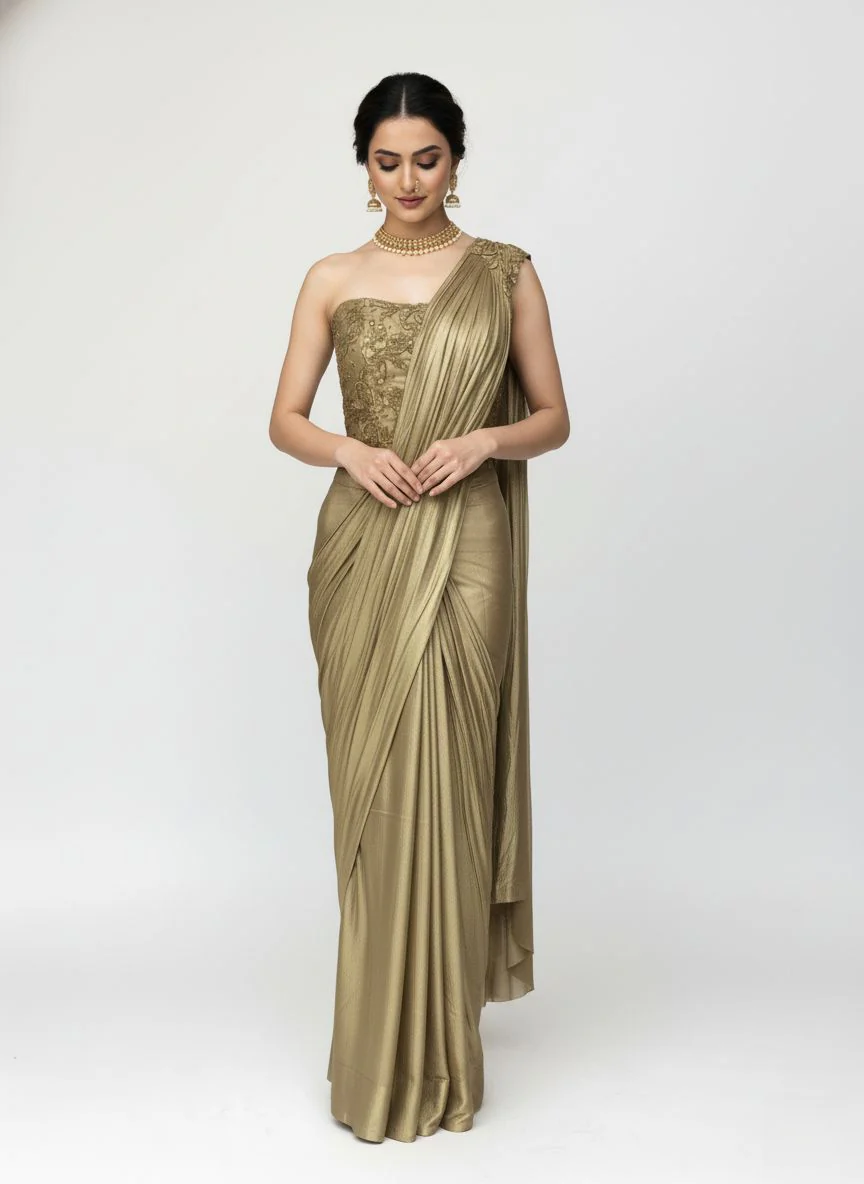 Ready to Wear Champagne Gold Drape Saree with Embroidered One-Shoulder Blouse - Image 2