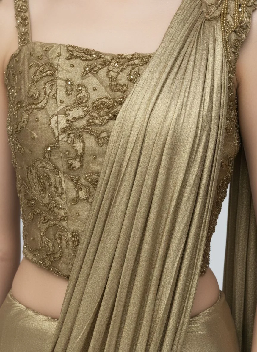 Ready to Wear Champagne Gold Drape Saree with Embroidered One-Shoulder Blouse - Image 3
