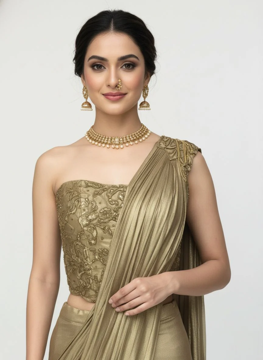 Ready to Wear Champagne Gold Drape Saree with Embroidered One-Shoulder Blouse - Image 4