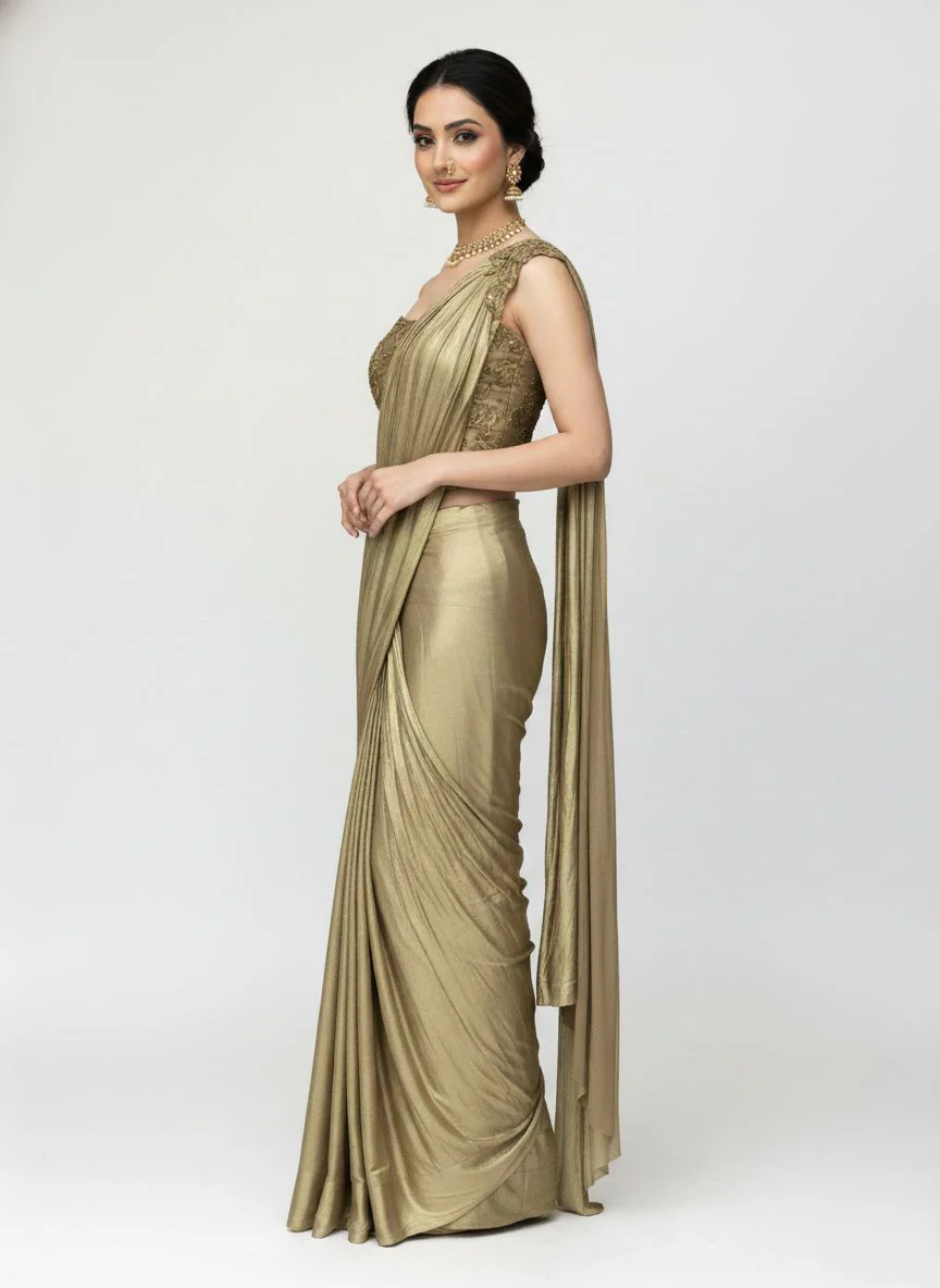 Ready to Wear Champagne Gold Drape Saree with Embroidered One-Shoulder Blouse - Image 5