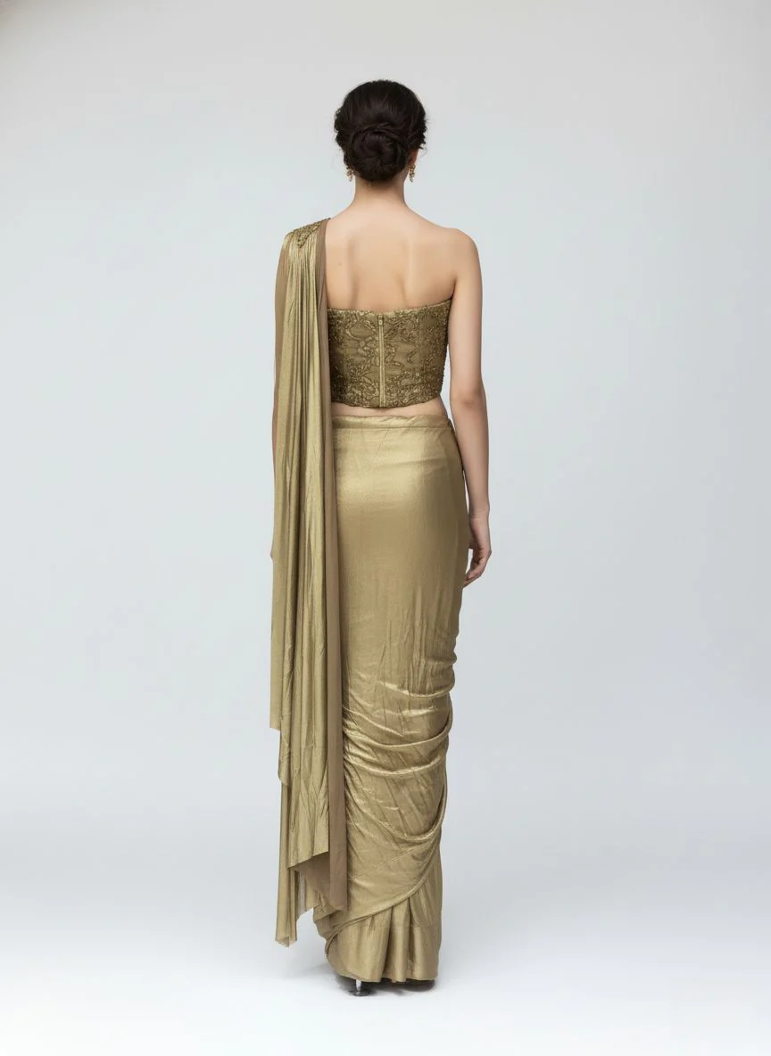 Ready to Wear Champagne Gold Drape Saree with Embroidered One-Shoulder Blouse - Image 6