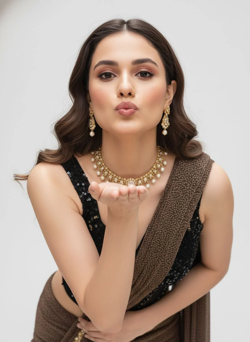 Ready to Wear Coffee Brown Shimmer Saree with Black Sequin Corset Blouse - Image 3