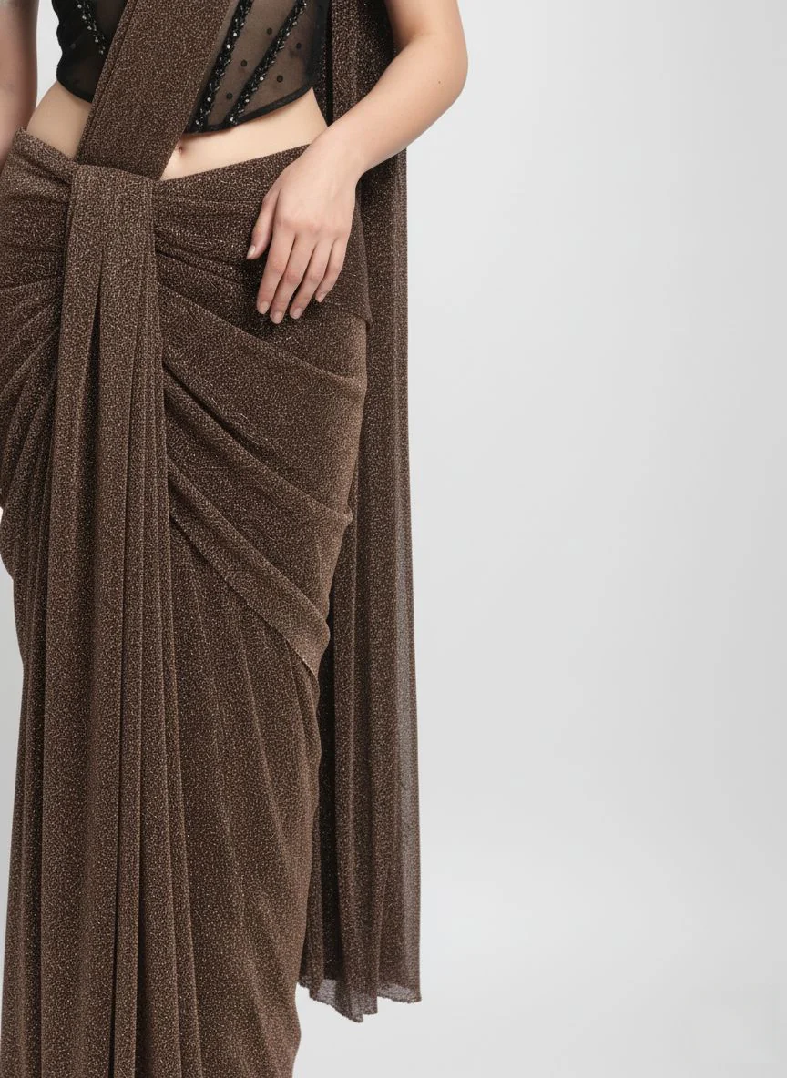Ready to Wear Coffee Brown Shimmer Saree with Black Sequin Corset Blouse - Image 4