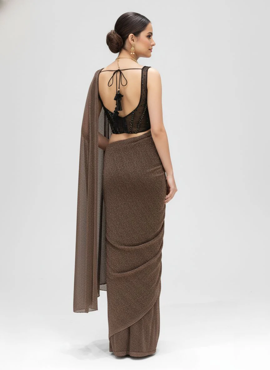 Ready to Wear Coffee Brown Shimmer Saree with Black Sequin Corset Blouse - Image 5