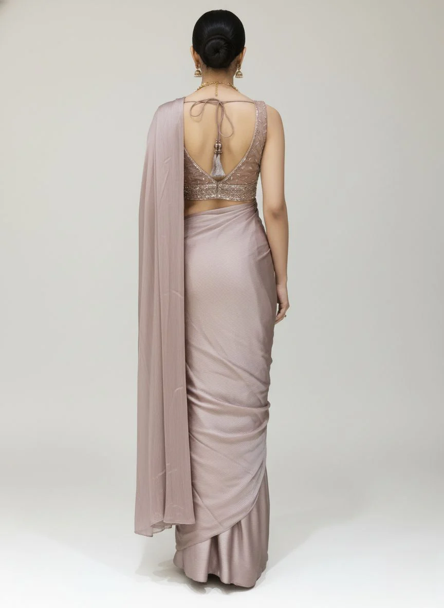 Ready to Wear Dusty Rose Pleated Saree with Embroidered Blouse - Image 3