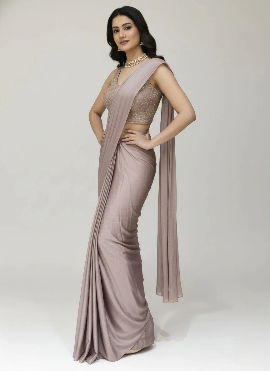 Ready to Wear Dusty Rose Pleated Saree with Embroidered Blouse - Image 4