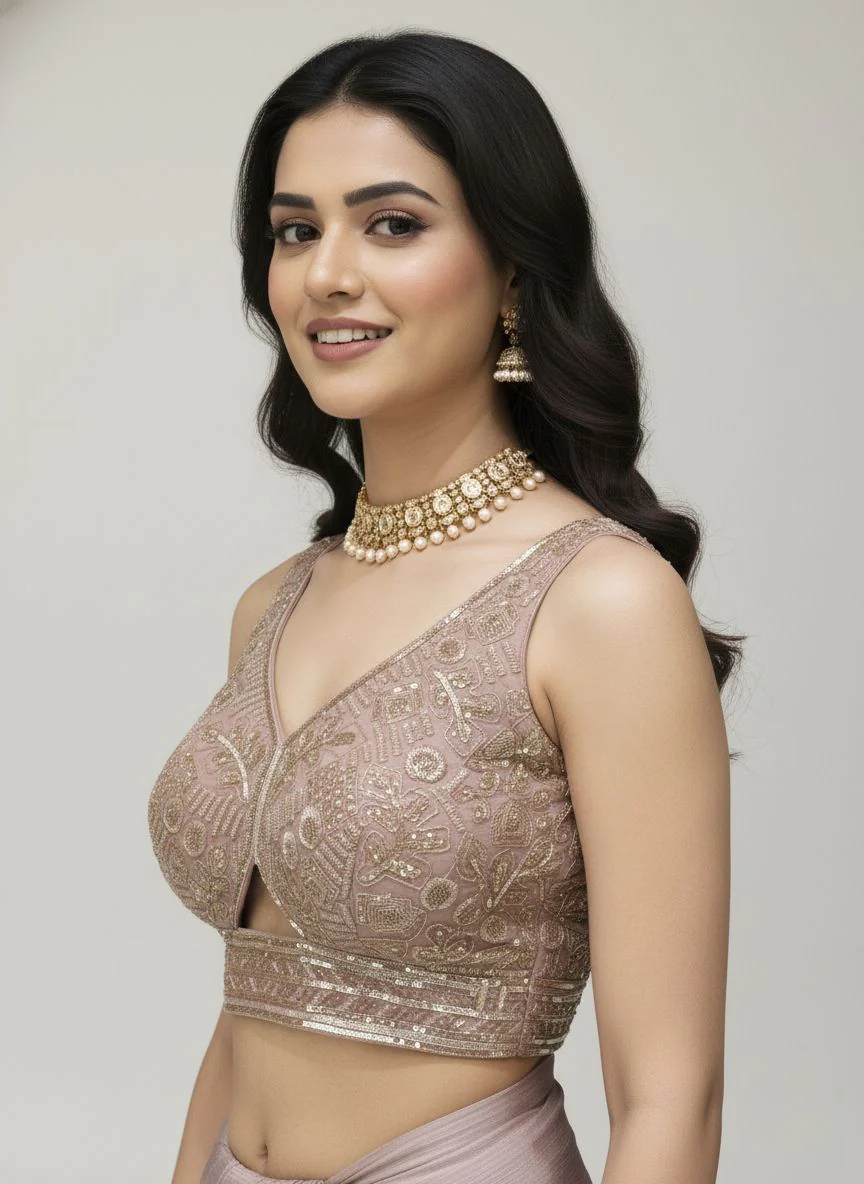 Ready to Wear Dusty Rose Pleated Saree with Embroidered Blouse - Image 6