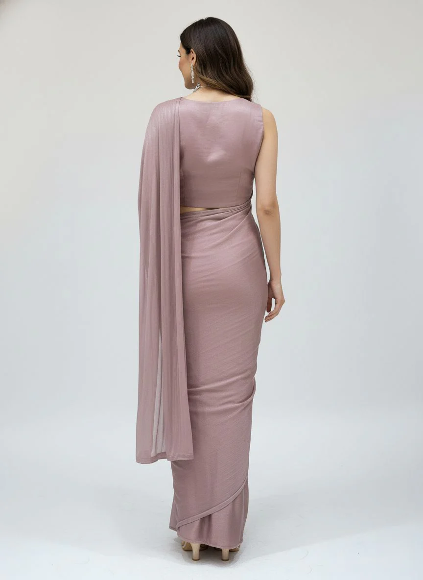 Ready to Wear Mauve Draped Saree with Hand-Embroidered Designer Blouse - Image 3