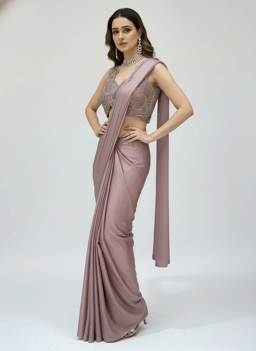 Ready to Wear Mauve Draped Saree with Hand-Embroidered Designer Blouse - Image 4