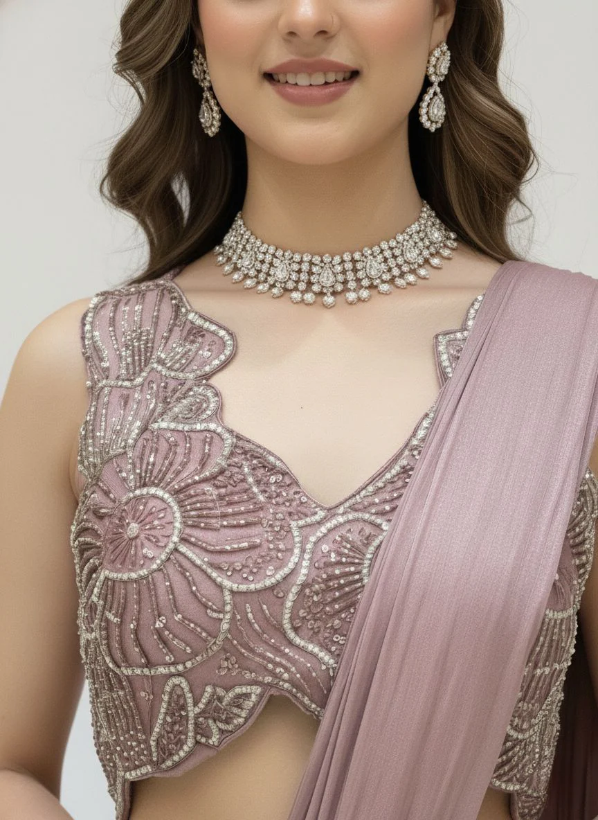 Ready to Wear Mauve Draped Saree with Hand-Embroidered Designer Blouse - Image 5