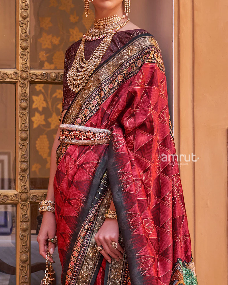 Red and Black Border Printed Silk Saree with Unstitched Blouse - Image 3