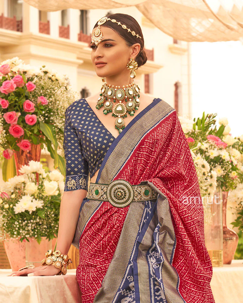 Red and Blue Zari Border Patola Silk Saree with Unstitched Blouse - Image 2