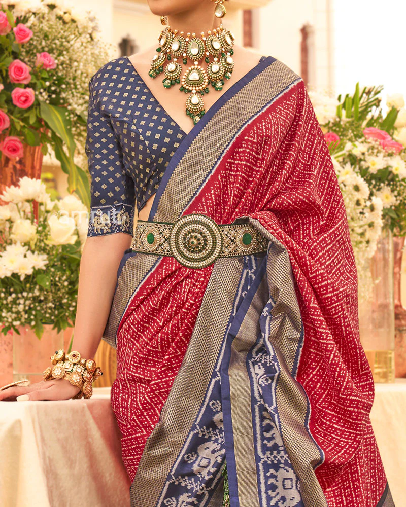 Red and Blue Zari Border Patola Silk Saree with Unstitched Blouse - Image 3