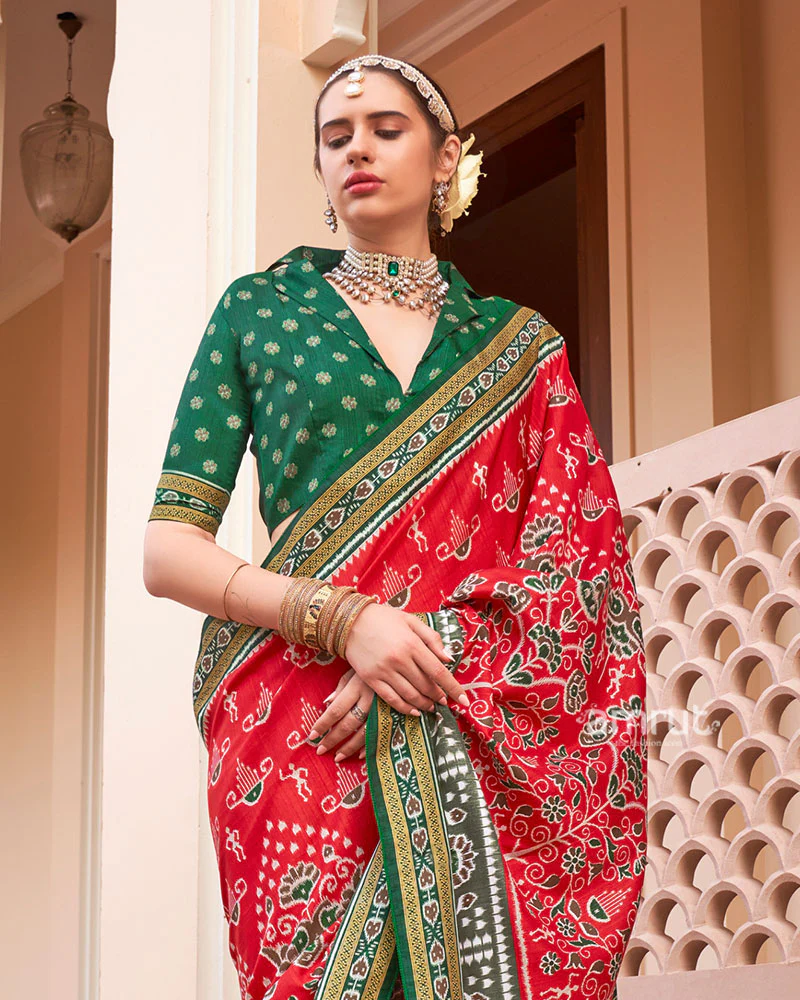 Red and Bottle Green Broad Border Patola Silk Saree with Unstitched Blouse - Image 2