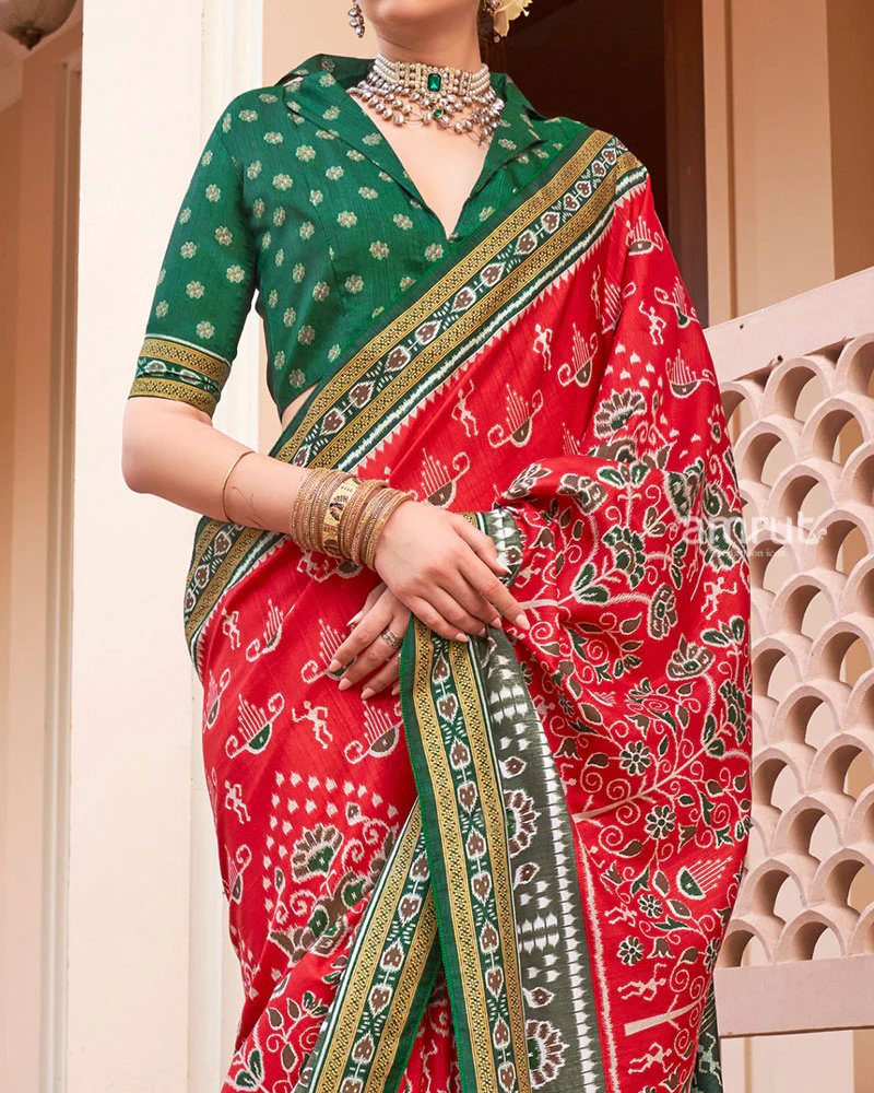 Red and Bottle Green Broad Border Patola Silk Saree with Unstitched Blouse - Image 3