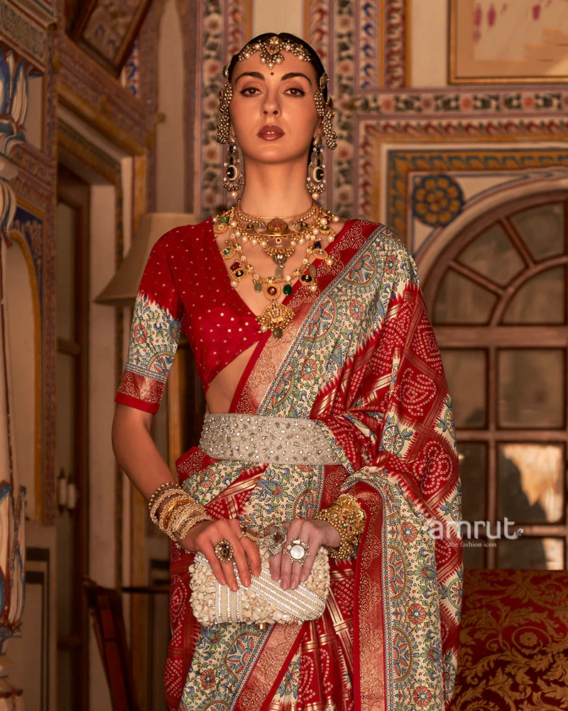 Red and Cream Bandhani Saree with Unstitched Blouse - Image 2