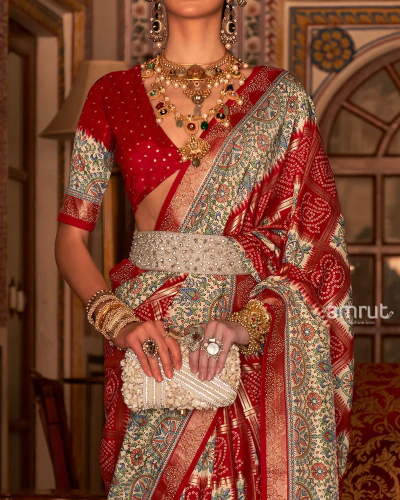 Red and Cream Bandhani Saree with Unstitched Blouse - Image 3