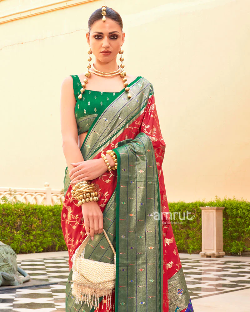 Red and Dark Green contrast Border Zari weaving Paithani Silk Saree with Unstitched Blouse - Image 2