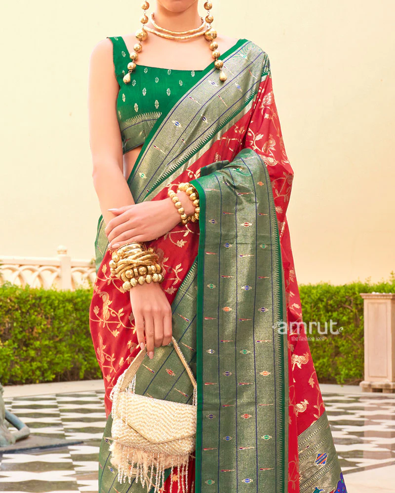 Red and Dark Green contrast Border Zari weaving Paithani Silk Saree with Unstitched Blouse - Image 3