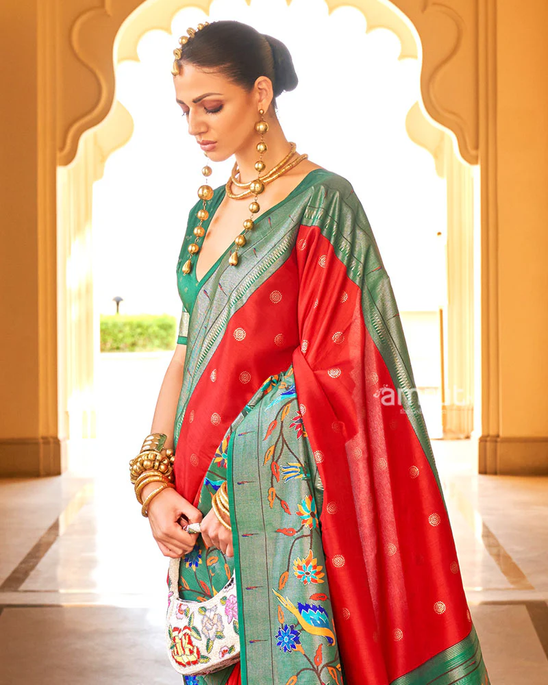 Red and Green contrast Border Zari weaving Paithani Silk Saree with Unstitched Blouse - Image 2