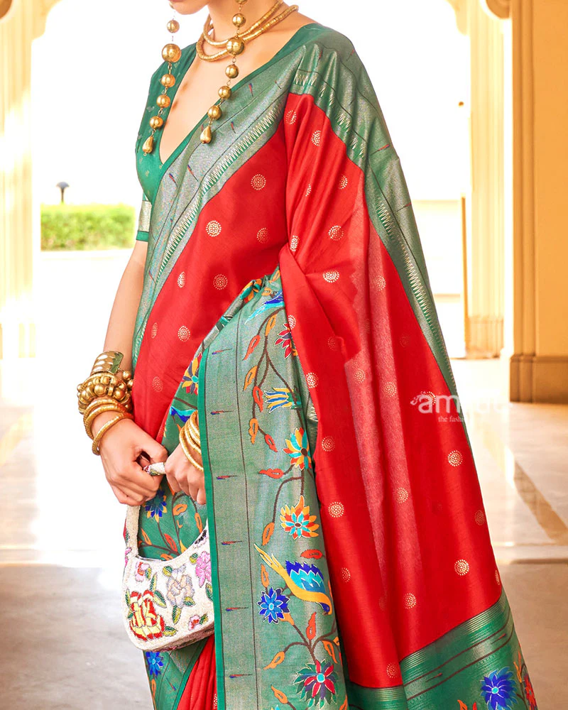 Red and Green contrast Border Zari weaving Paithani Silk Saree with Unstitched Blouse - Image 3