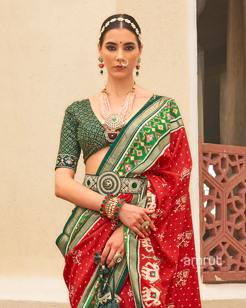 Red and Green Ethnic Printed Patola Silk Saree with Unstitched Blouse - Image 2