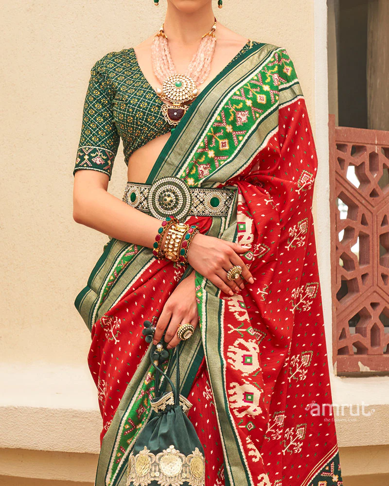Red and Green Ethnic Printed Patola Silk Saree with Unstitched Blouse - Image 3