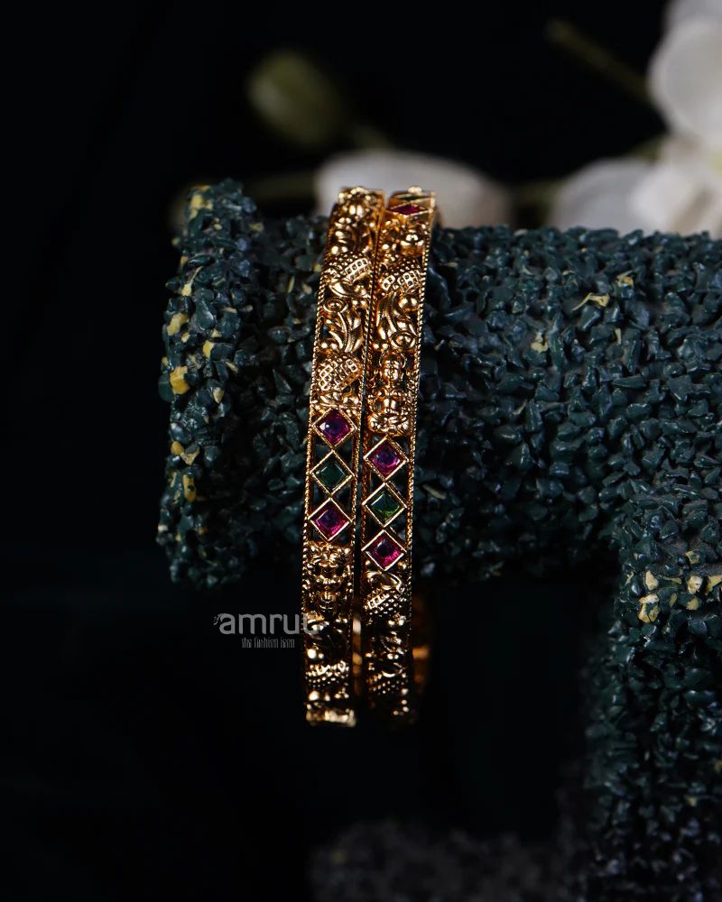 Red and Green Gemstone Embellished Gold-Tone Bangles - Image 2