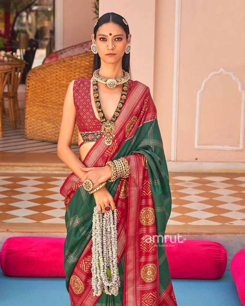 Red and Green Printed Patola Silk Saree with Unstitched Blouse - Image 2