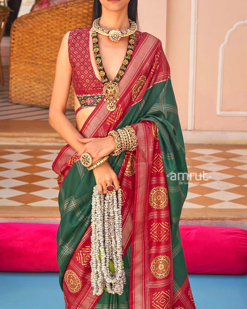 Red and Green Printed Patola Silk Saree with Unstitched Blouse - Image 3