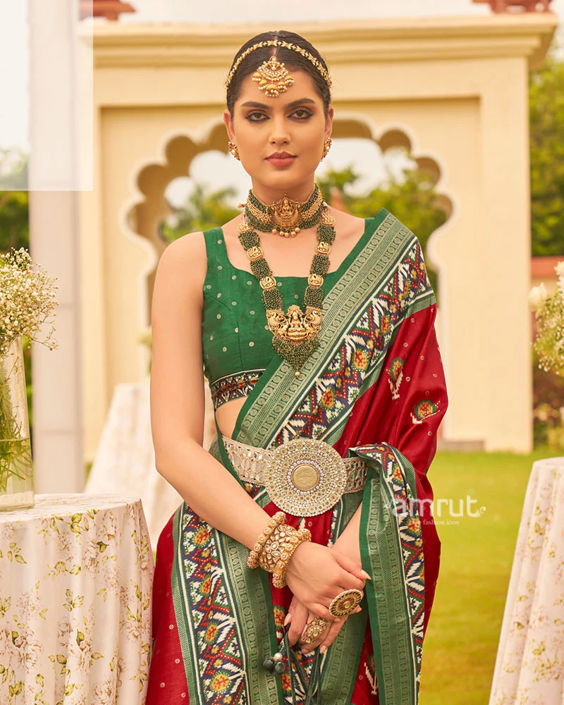 Red and Green Printed Patola Silk Saree with Zari Border and Unstitched Blouse - Image 2