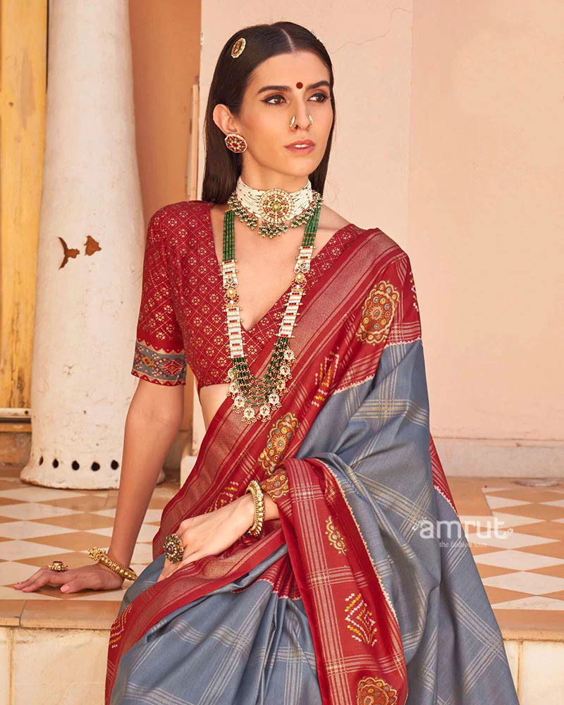 Red and Grey Printed Patola Silk Saree with Unstitched Blouse - Image 2